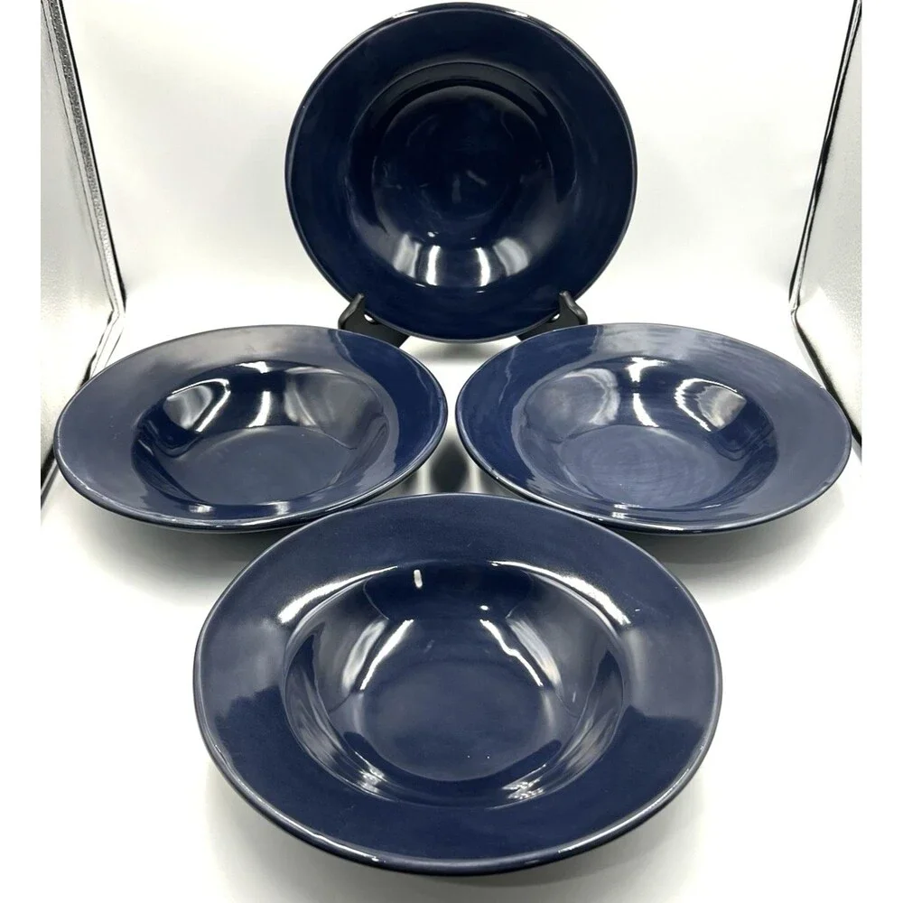 4 Large Rim Soup Pasta Bowls Pottery Barn Sausalito Sapphire Blue 10